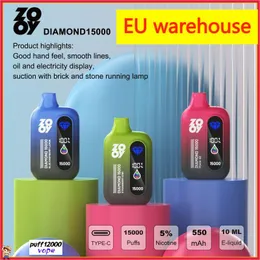 EU Warehouse Original Zooy Diamond 15000 Puffs engångsvapet Uppladdningsbart nätspol E-cigaretter Puff 15K Förfyllda vagnar Inbyggda smartformade löpslampor