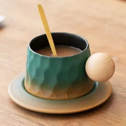 Кружки 350 мл керамическая эспрессо -чашка и блюдца фарфоровой латте деревянная ручка капучино кофейная чашка кружка творческий ретро подарок