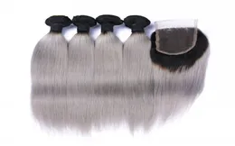 9A Malesia 1bgray Capelli Weave 4 bundle con chiusura in pizzo Extensioni di capelli umani ombre grigio argento con chiusura 1B setosa grigio Str8084255