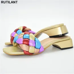 Sandals Fashion 2021 Wedding Colled Gold Gold Color Nigeriain Square Square Toe Low Heel Sandals Elegant Female Shoes Elegant