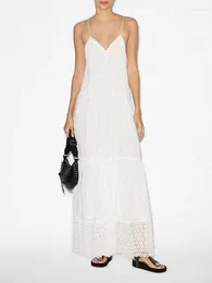 Vestidos casuais verão 2024 Mulheres White Hollow Out Sling Dress Dress Mleeveless A-line Bordery Ladies High Cisting Cotton Algody Mid-Length