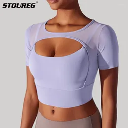 Camisas ativas Stoureg Mesh Sexy Top de ioga de mangas curtas de camadas duplas para mulheres trepadeiras esportes de colheita Running fitness