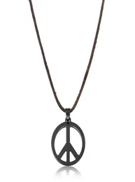 Pendant Necklaces 2021 Black Stainless Steel Hollow Out Peace Pendants For Men Love Hippie Punk Long Genuine Leather Necklace Je2658110