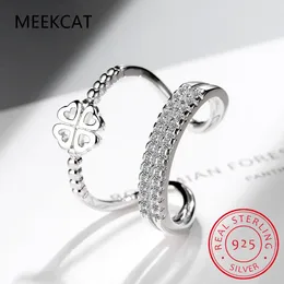 Cluster Rings 925 Sterling Silver Double Layer Lucky Four-leaf Clover Ring For Women Birthday Gift Pave Setting CZ Fine Jewelry BSR399