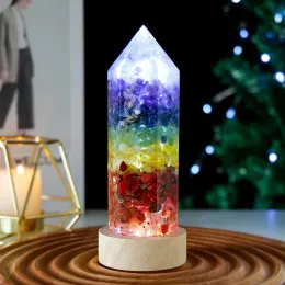 Exibir coluna de cristal led noite luz usb madeira luminous 7 chakra orgonite cascalho resina obelisco luminamento