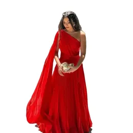 Klassisk lång röd chiffong One Shoulder Prom-klänningar med Cape Custom Brasilian A-Line golvlängd Party Dress Maxi veckade aftonklänningar för kvinnor