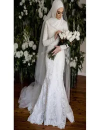 Elegant Muslim Mermaid Wedding Dresses With Hijab 2022 Long Sleeves High Neck Appliqued Lace Bridal Gowns gelinlik in Dubia Islami6027969