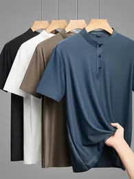 Tamanho mais 8xl 7xl de verão de verão de alta ponta de seda de seda curta Camiseta de camiseta de pólo masculina colar de camisa sólida póos secos rápidos 240420