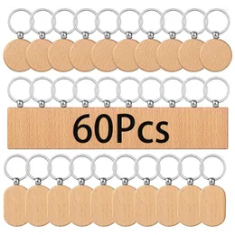 Anahtarlık 60pcs Ahşap Anahtarlık Boşlukları Dikdörtgen Ahşap Ana Zincir Etiketi Bitmemiş halka DIY Craft Aksesuarları