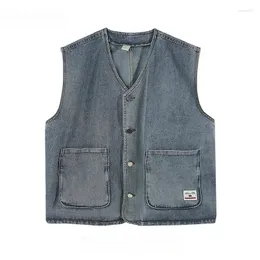 Mäns västar Män och kvinnor V-ringningsär ärmlös japansk denim Coatstrendy Brand Hong Kong Style Loose Casual Mortile Button Vest Jacket