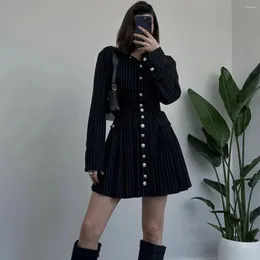 Casual Dresses Wishyear Elegant Pleated Long Sleeve Striped Office Ladies A Line Dress Autumn Women High Waist Evening Birthday Mini