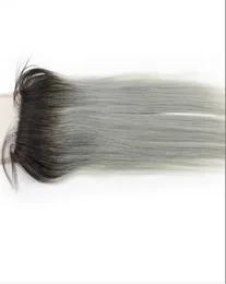 1B grå rak 44 spetsstängning med babyhår mörka rötter grå färg non remy brasiliansk ombre mänskliga hårstängningar9323666