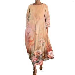 الفساتين غير الرسمية للسيدات R Ploral Print Lough Bress Cotton Linen 3/4 شاطئ الأكمام Vestidos Femenino
