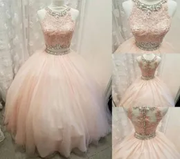 Lekka brzoskwiniowe dwa kawałki sukienki Quinceanera Tanie sukienki Quincenera Vestido de 15 anos azul z koronkowymi kryształami top Sweet 16 sukienka 5709429