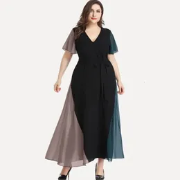 Plus storlek vneck sommar elegant chiffon party dres kort ärm maxi casual klänning Sash midje kväll 6xl 240412