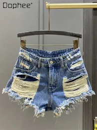 Kadın şortları moda delikleri çiğ kenar denim şortları kadınlar için 2024 Yaz Yeni Yüksek Bel Zayıflama A- Hat Sıcak Pantolon Seksi Kız Ganimet Şortları Y240420