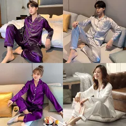 Nachtwäsche Herren Männer Seide Satin Feste Farbe Pama Sets Paar Long Buttondown Pyjamas Home Anzug Pijama Women Loungewear Plus Size PJS 220827