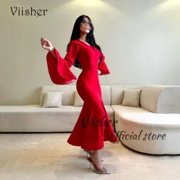 パーティードレスViisher Red Mermaid Evening Lengeveve v Neck Saudi Arabia Formal Dress Tight Dubai Prom Gowns