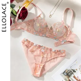 Bras Sets Ellolace Erotic Women's Lingerie Sexy Underwear Floral Embroidery Fancy Intimate Transparent Bra Super 2 Piece Set Outfit