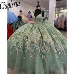 Nane Yeşil Pullu Aplikler Boncuk Parlak Kristal Balo Elbise Quinceanera Elbiseler Spagetti Kayış Yay Korse Vestidos De 15 Anos