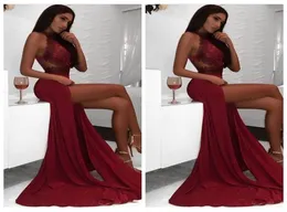 Sexy burgunder mermaid prom Kleider lange 2018 Spitze High Side Split Abendkleider Chiffon Formal Party Kleidung Robe de Soiree2128126