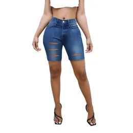 Summer Fashion Womens Ruped Shorts Jeans High Stretch Skinny Slim Denim Black/Blue S-3XL Drop 240418