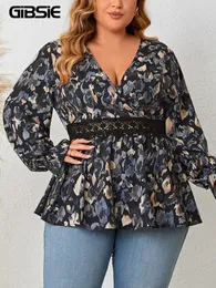 Gibsie Plus Size Deep V Neck Convension Lace Peplum Blouse Women 2023 Autumn Print Long Sleeve Boho Tops and Blouses 240419