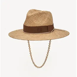 Chain Strap Straw fedora chapéu embelezado chapéus de praia com corrente para mulheres palha tecido chapé de sol Holidaty chapéu de panamá 240412