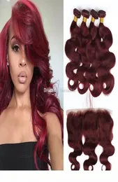 Wine Red 99J Body Wave Hair Bundles med 13x4 spets frontala stängning Brasiliansk Bourgogne Virgin Human Hair Weaves With Ear to Ear Lac6229674