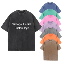 230G American Size Mens 100 Cotton Vintage Washed Tshirts DropShoulder Sleeve High Quality Casual Tee Solid Overdized Tops 240417