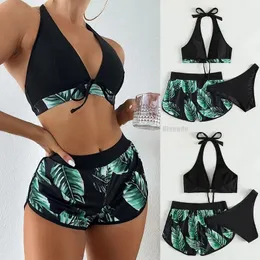 Kadınlar Seksi Plaj Bikini Üç Parça Bikini Set Yüksek Bel Mayo Mayo Yaprağı Baskı Bankası Su Sahili Beach Giyim Banyosu 240412