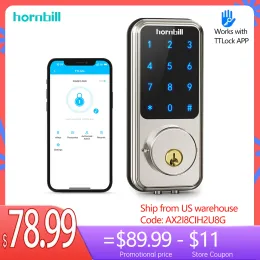 Kontrollera Hornbill Electronic WiFi Smart Door Lock Password Bluetooth TTlock App Nyckel Unlock Locks USB Emergency Charge for Apartment Home