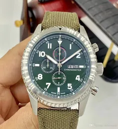 Especial Curtiss Quartz números árabes marcadores de hora Mens relógios Navitimer assistir Green Dial Fabric Bandwatch66646220