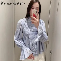 Blusas femininas kuzuwata elegante stand colar gira de flare sweet ruched retchwork estilo francês camisa bebê japão bordado bordas