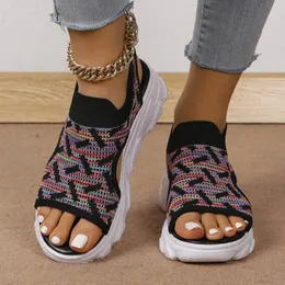 Sandals Women's Summer Woven Color Blocking Elastic Design Casual And Fashionable Flat Bottom Zapatos Mujer 2024 Tendencia