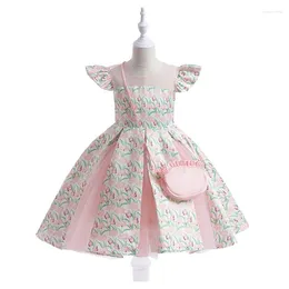 Kız elbise çiçek gril elbise çocuk prenses çanta saten kumaş ekleyen küçük orta boy baskılı grils