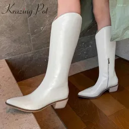 Stiefel Krazing Pot 2024 Winter Ankunft Kuhleder Chic Spitzer Zehen High Heel Einfache Mode klassische Farb Oberschenkel