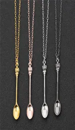 Charm Tiny Tea Spoon Shape Pendant Necklace With Crown for Women 4 Colors Creative Mini Long Link Jewelry Spoon Necklace3035529