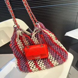 Utomhusfärgvävd mamma barnpaket kvinnor sommarhandväska axelkedja lyx designer märke crossbody kvinnlig strand tote med mini axelväska