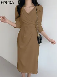 캐주얼 드레스 Vonda Elegant Shirt Dress 2024 Fashion Lapel Solid Color Pleated Midi Sundress Long Sleeve Looke Party resido Robe