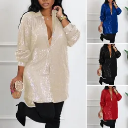 Casual Dresses Women Shirt Dress Shiny Sequin Single-breasted Turn-down Collar Long Sleeve Loose Buttons Mid Length Cardigan Lady Blouse