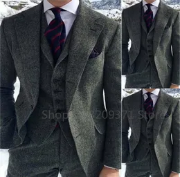 Grauer Fischgräten -Winteranzug für Männer Wolle Tweed Slim Fit formelle Bräutigam Hochzeit Smoking 3 -teilige Set Business Hochzeit männliche Anzüge 240407