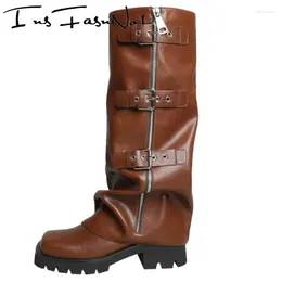 Boots Street Style veckade metalldekorationer Knä Hög kvinnor Knight Zipper Square Toe Chunky Heels Western Cool Motorcykel