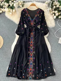 Spring Summer Ethnic Style Waist Slim Embroidery V-neck Dress Female Black Seaside Holiday Bohemian Vestidos Women D1491 240420