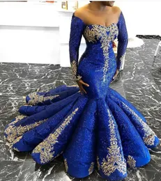 2019 Royal Blue Prom Dresses New Off Offer Offer The Shoulder Lace Speecins Beaded Sparkle Evening Gowns Mermaid Ruffles Black Girls Gown Robes3966284