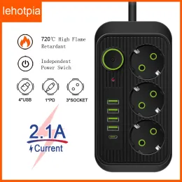 المكونات EU PLUCT AC STRIP Power Strip Multitap Multitap Smart Home Extension 2M Cord Socket مع 4 منافذ USB مرشح شبكة Multiprise