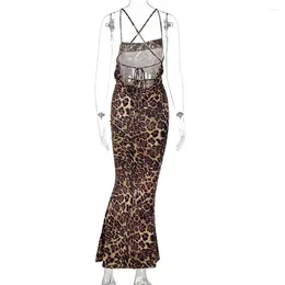 Vestidos casuais vestido plissado cortado solto elegante estampa de leopardo maxi para mulheres spaghetti tira de festa sem fundo