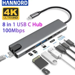 Hubs Hannord USB C Hub 8 in 1 Typ C 3.1 bis 4K HDMICOMMATIBLE -ADAPTER mit RJ45 SD/TF -Kartenleser PD Thunderbolt 3 für MacBook Pro