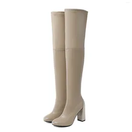 Stiefel Herbst und Winter über Knie lange runde Zehen High Heel Cowhide Damen klassisch warm und nicht schlechter elastischer Bootsplus Größe