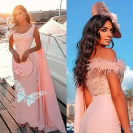 Pink Prom Dress Long Cape aftonklänningar En axel prom klänningar paljetterade fjäderfestklänning skräddarsydda kläder de soiree